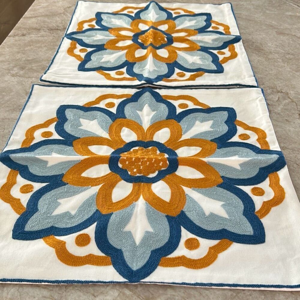 2 Boho Crewel Sunflower Pillow Covers NEW